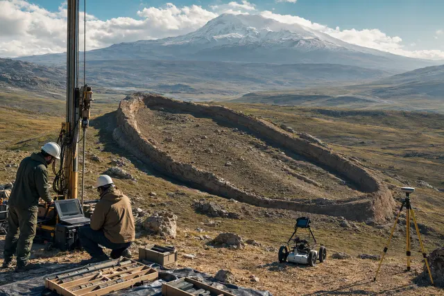 Illustration of researchers investigating a boat-shaped geological formation with survey equipment
