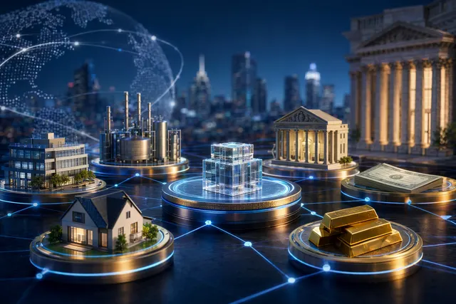 Illustration of financial assets like bonds and treasuries represented as blockchain tokens