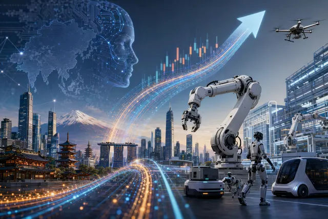Concept illustration of humanoid robots and industrial automation representing the physical AI boom in Asian robotics markets