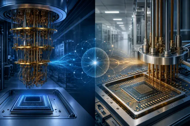 Editorial illustration of a quantum computing system with superconducting hardware and cryogenic infrastructure
