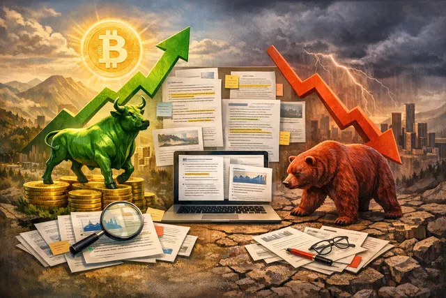 Bitcoin price chart showing bear market decline from all-time high of $126,198 to $64,000 with technical indicators and on-chain signals