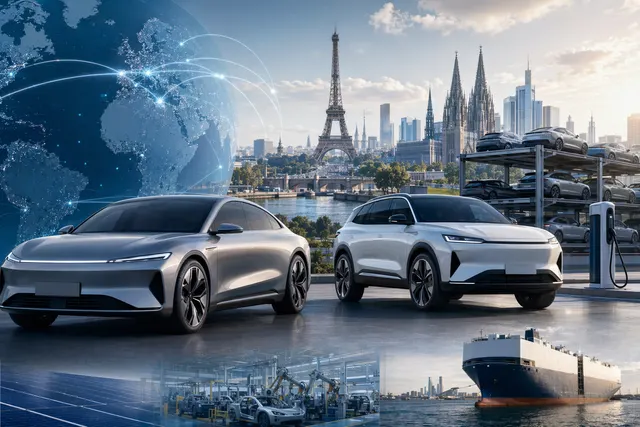Editorial illustration representing China’s electric vehicle industry expanding globally amid technology competition