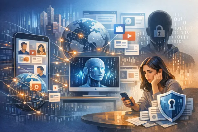Abstract digital illustration of a magnifying glass over a network of data nodes, symbolizing Meta's tracking of off-platform user activity to personalize social media feeds.