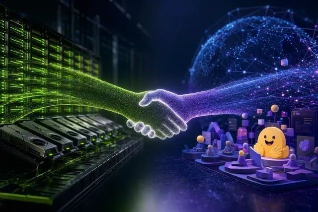 Editorial illustration representing Nvidia’s proposed acquisition of Hugging Face and the open AI ecosystem