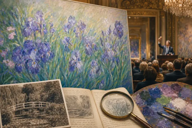 AI-generated editorial illustration accompanying an article about Claude Monet’s painting Iris and its record-setting Paris auction