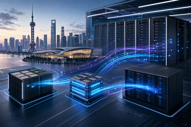 Conceptual illustration of AI inference infrastructure linking compute, storage, and network resources