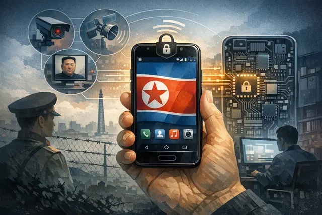Illustration of a North Korean smartphone with hidden surveillance and censorship features