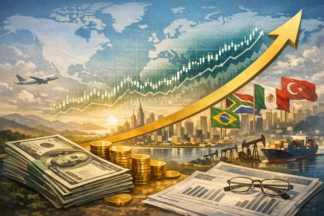 Editorial illustration of emerging-market currencies and bond yields powering a carry trade while dollar and yen volatility threaten a reversal