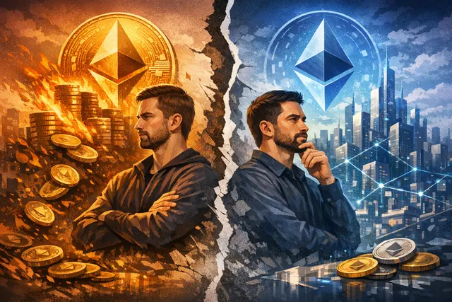 Conceptual illustration of two figures pulling a glowing Ethereum diamond in opposite directions, symbolizing the ideological split over ETH's future as a store of value