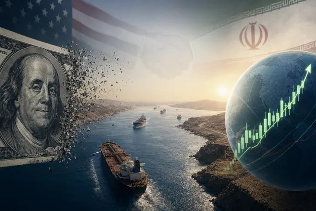 Illustration of global currency markets reacting to news about the Strait of Hormuz and U.S.–Iran negotiations