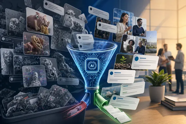 Conceptual illustration of LinkedIn filtering low-quality AI-generated posts from a professional social feed