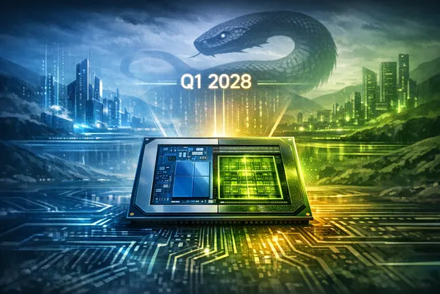 Conceptual rendering of an Intel processor package with an integrated Nvidia RTX GPU chiplet, illustrating the rumored Serpent Lake design.