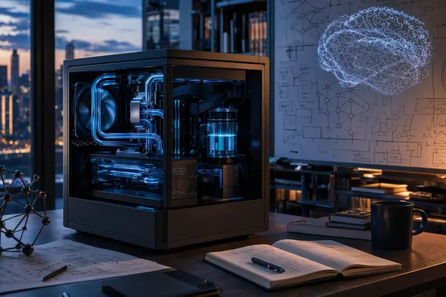 Editorial illustration of AMD Threadripper Halo Station, a deskside AI workstation announced at IFA 2026
