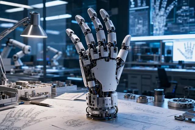 仿人五指机器人灵巧手的编辑风格示意图，呈现多关节机械手结构