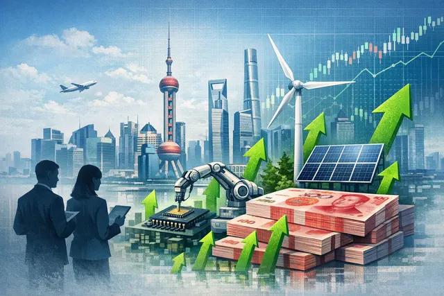 Editorial illustration of global investors directing capital toward Chinese AI hardware and green-energy companies