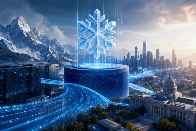 Editorial illustration representing Snowflake’s AI-driven data platform growth and stock-market reaction