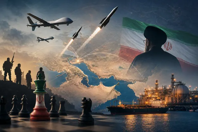 Editorial illustration of Iran’s shift toward missile, drone and Strait of Hormuz coercion