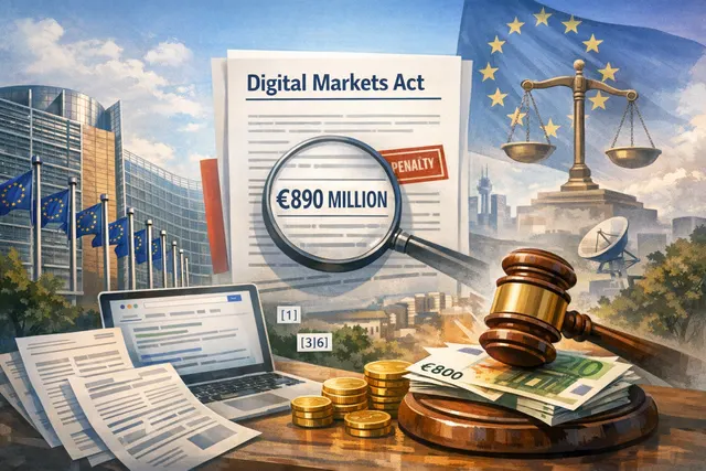 European Commission flag and Google logo representing the €890 million fine under the Digital Markets Act