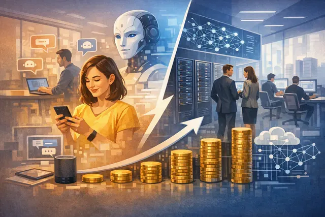 Abstract editorial illustration representing MiniMax’s shift from consumer AI products to enterprise and developer inference services