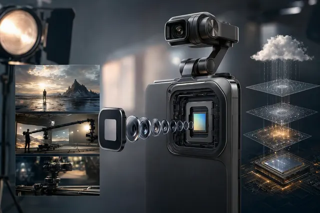 Editorial illustration of Honor Robot Phone’s robotic camera system and cinematic mobile-video workflow