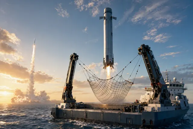 Illustration of a reusable rocket booster descending toward a sea-based capture platform