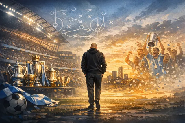 A stylistic, dramatic image symbolizing the end of Pep Guardiola's era at Manchester City, with a football pitch backdrop and stadium lights.