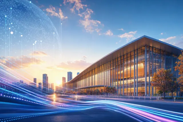 Editorial illustration of an AI technology conference and connected workplace