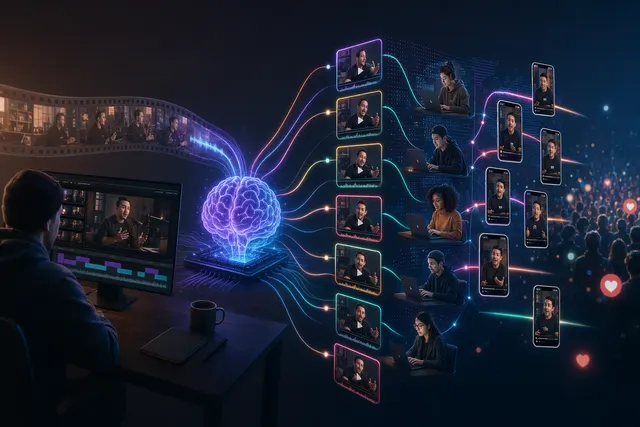 Illustration representing AI clipping long videos into viral short social media clips