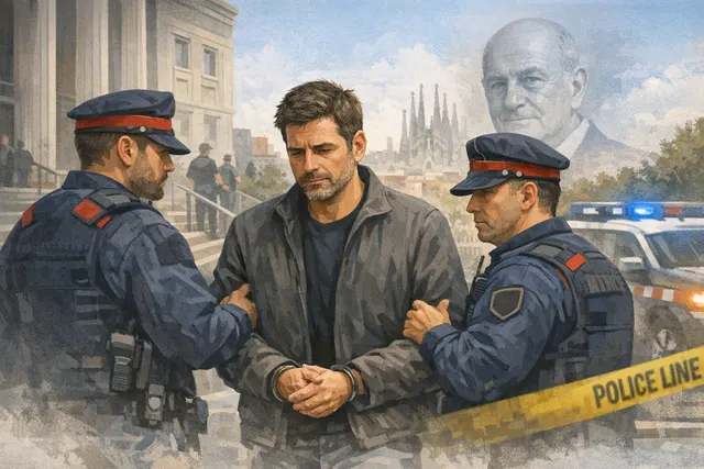Illustration representing the homicide investigation into Mango heir Jonathan Andic over his father Isak Andic's 2024 cliff death in Montserrat, Spain.
