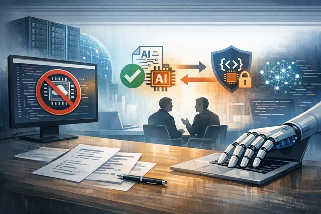 Visual representation of QEMU's policy shift on AI-generated code, showing a balance between legal risk and AI tool integration.