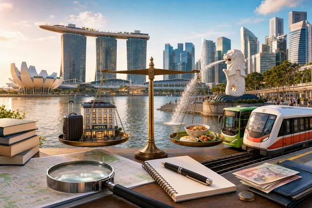 Illustration representing travel costs in Singapore, with the city skyline and visitor spending