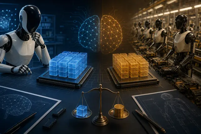 Editorial illustration of a humanoid robot and AI chip, representing Tesla’s planned AI5 and AI6 memory trade-offs.