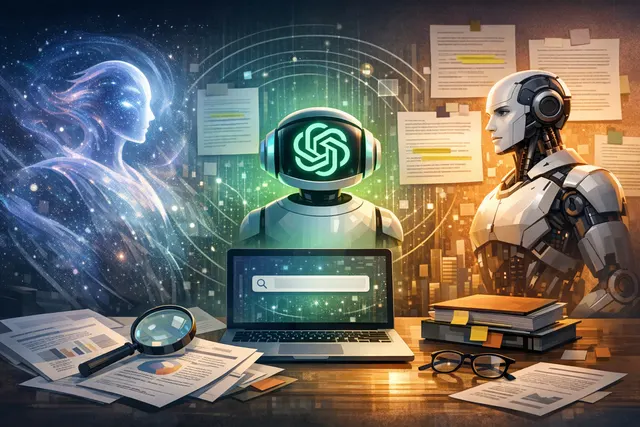 An abstract digital illustration showing ChatGPT, Google Gemini, and Claude logos in a competitive landscape.
