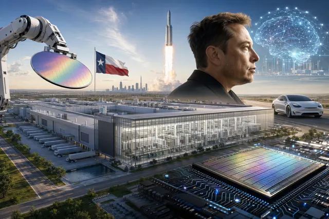 Concept illustration of a massive semiconductor fabrication complex representing Elon Musk’s proposed Terafab AI chip facility in Texas