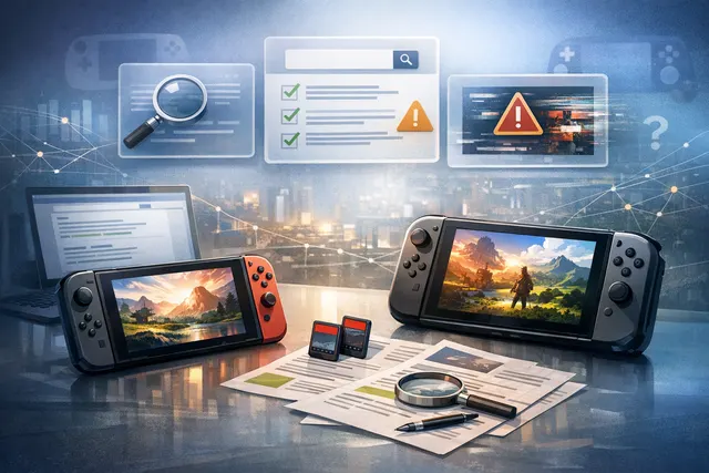 Nintendo Switch 2 console with Joy-Con controllers, set against a geometric gradient background. The image conveys the theme of backward compatibility between original Switch games