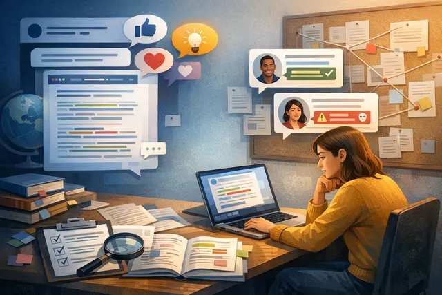 Illustration of social media posts being subtly rewritten by AI writing tools, with hidden political biases shifting collective opinion