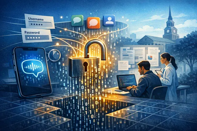 Abstract editorial illustration of AI agents, mobile applications, and exposed digital credentials