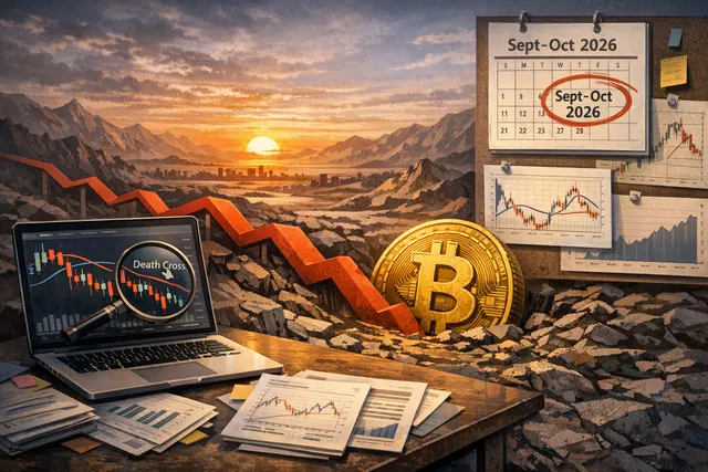 Bitcoin price chart showing death cross pattern and bear market decline from $126,000 all-time high toward $64,000 support level in 2026