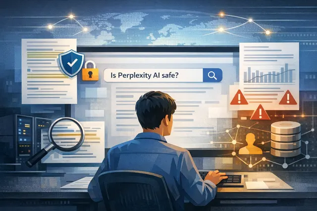 Abstract representation of Perplexity AI privacy and security analysis with shield and search interface