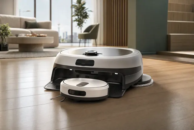 Editorial illustration of iRobot’s Roomba Duo two-robot floor-cleaning concept