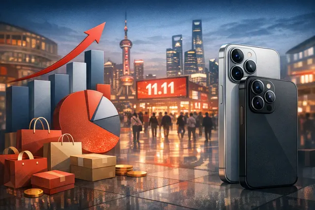 Illustration of an iPhone 17 lineup leading smartphone sales during China’s Singles’ Day promotion