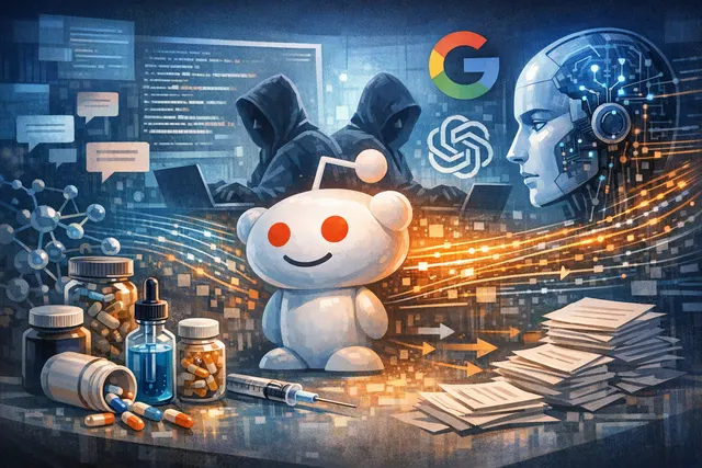 A digital illustration of a humanoid AI robot holding a magnifying glass, symbolizing the inspection of manipulative content on a social media network represented by glowing nodes.