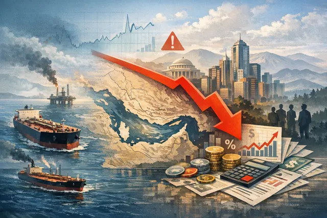 Editorial illustration of global economic pressure from an energy shock and AI investment