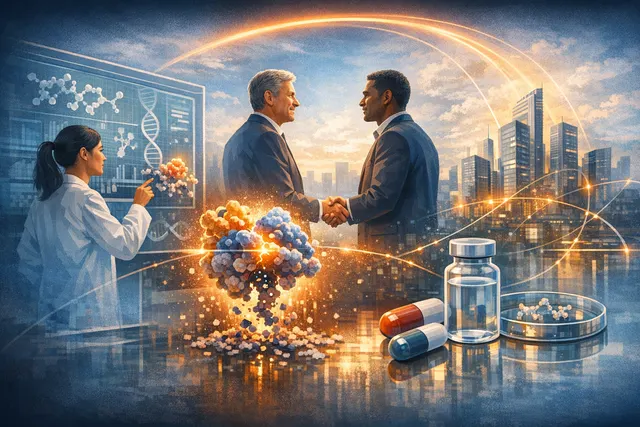 Abstract scientific visualization representing targeted protein degradation deals announced on June 8, 2026, including Roche, Johnson & Johnson, and Amphista Therapeutics.