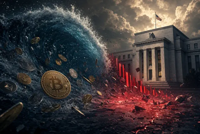 Editorial illustration of cryptocurrency market volatility and a futures liquidation cascade