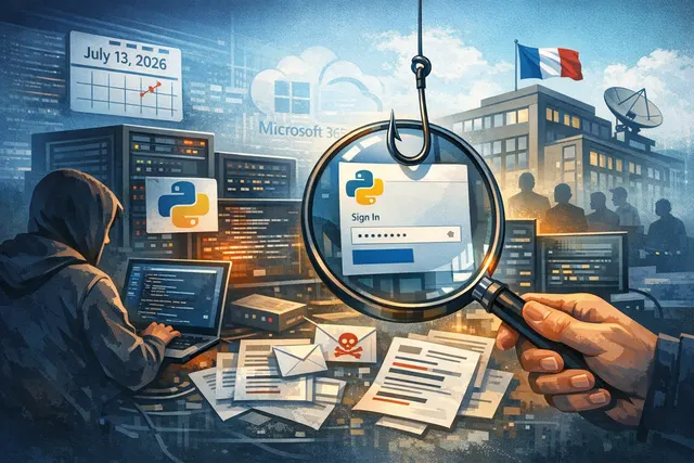 Cybersecurity concept showing a server with exposed directory listing, phishing email icons, and Microsoft 365 login screen with warning indicators