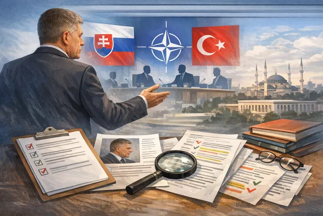 Robert Fico speaking at a podium, representing his stance against NATO's €70 billion aid package for Ukraine ahead of the Ankara summit.