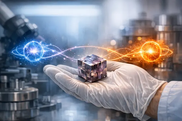 A glowing, centimeter-sized crystal of the strange metal Ce₃Pd₂₀Si₆ suspended in a dark quantum physics lab, representing the first detection of macroscopic multipartite quantum en