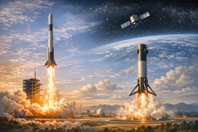 Editorial illustration of LandSpace’s Zhuque-3 reusable rocket ascending during a launch and first-stage recovery mission