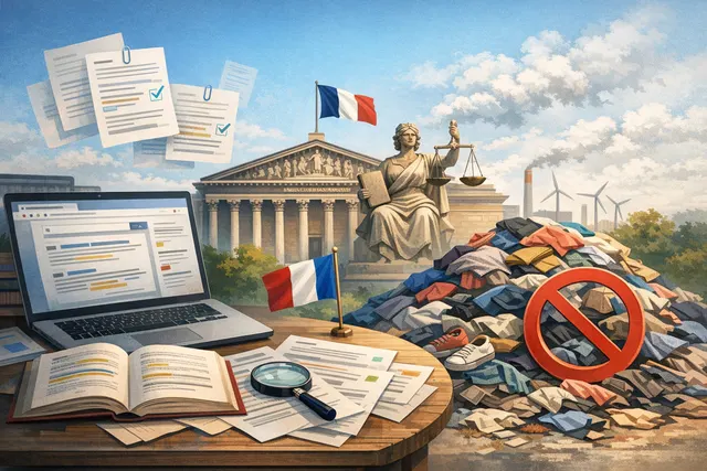 AI-generated illustration representing the French anti-fast-fashion law, showing a gavel, fashion items, and EU and French flags.